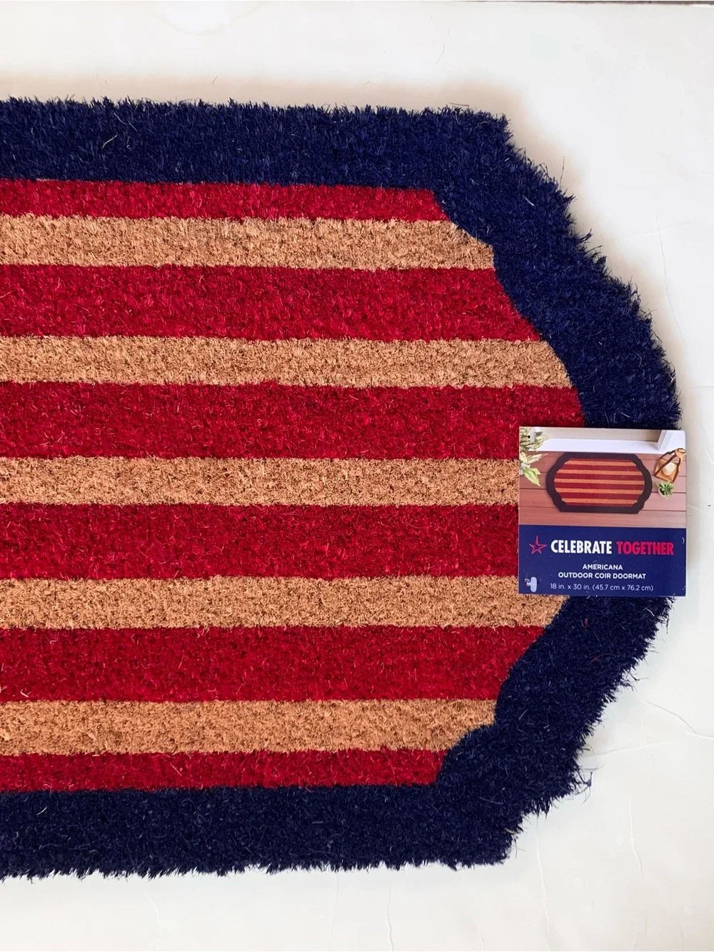 Outdoor doormat red stripe navy trim